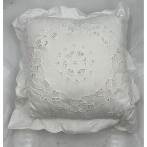Vintage Pillow Soft White 12in Battenburg Lace Ruffles Square 14"x14"